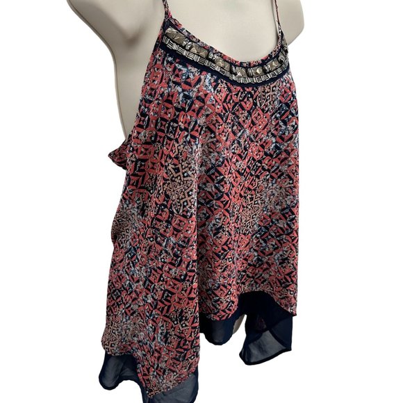 Maurices Womens Navy Red Print Beaded Strappy Sharkbite Hem Lined Tank Size S - Picture 2 of 7
